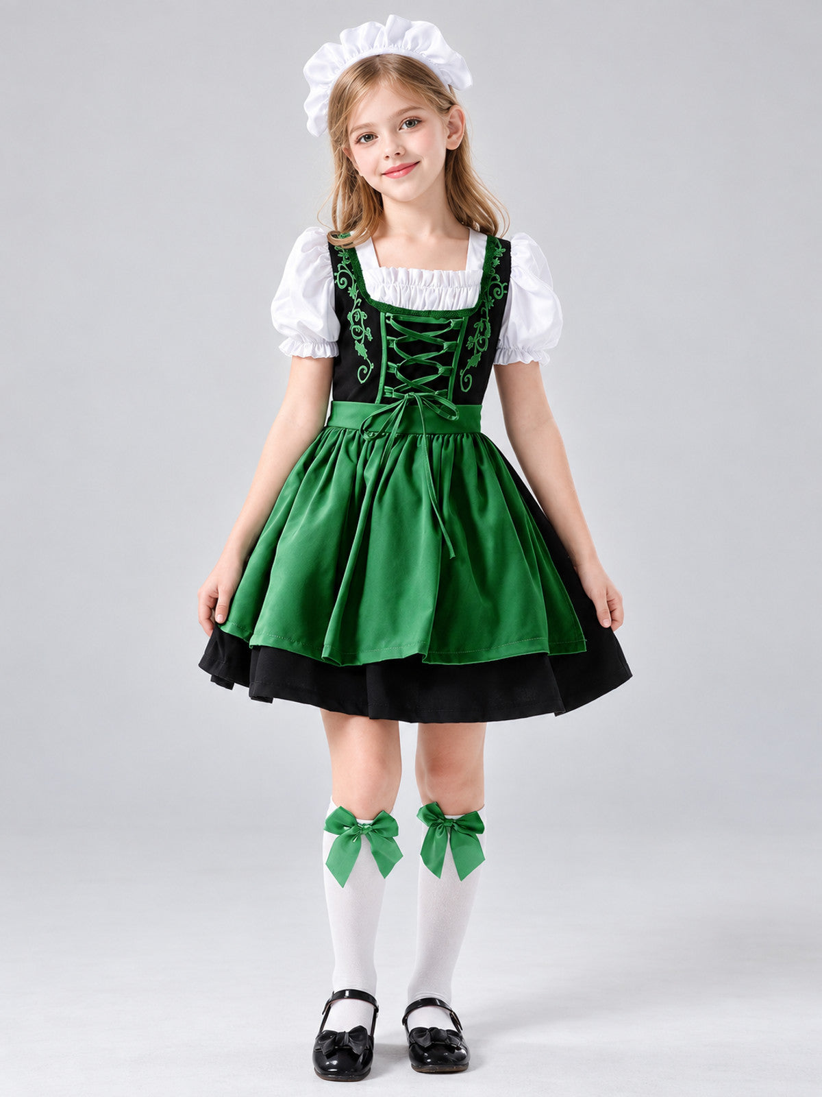 Kids' Dirndl-Style Costume in Green with Apron and Socks