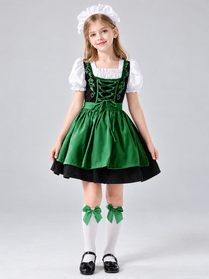 Kids' Dirndl-Style Costume in Green with Apron and Socks