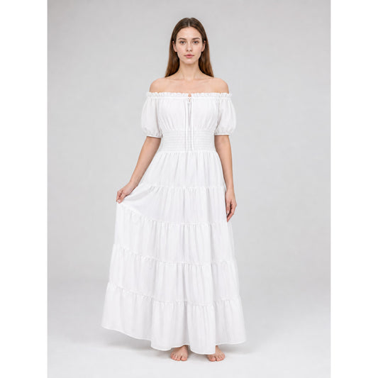 White Off-the-Shoulder Tiered Maxi Dress