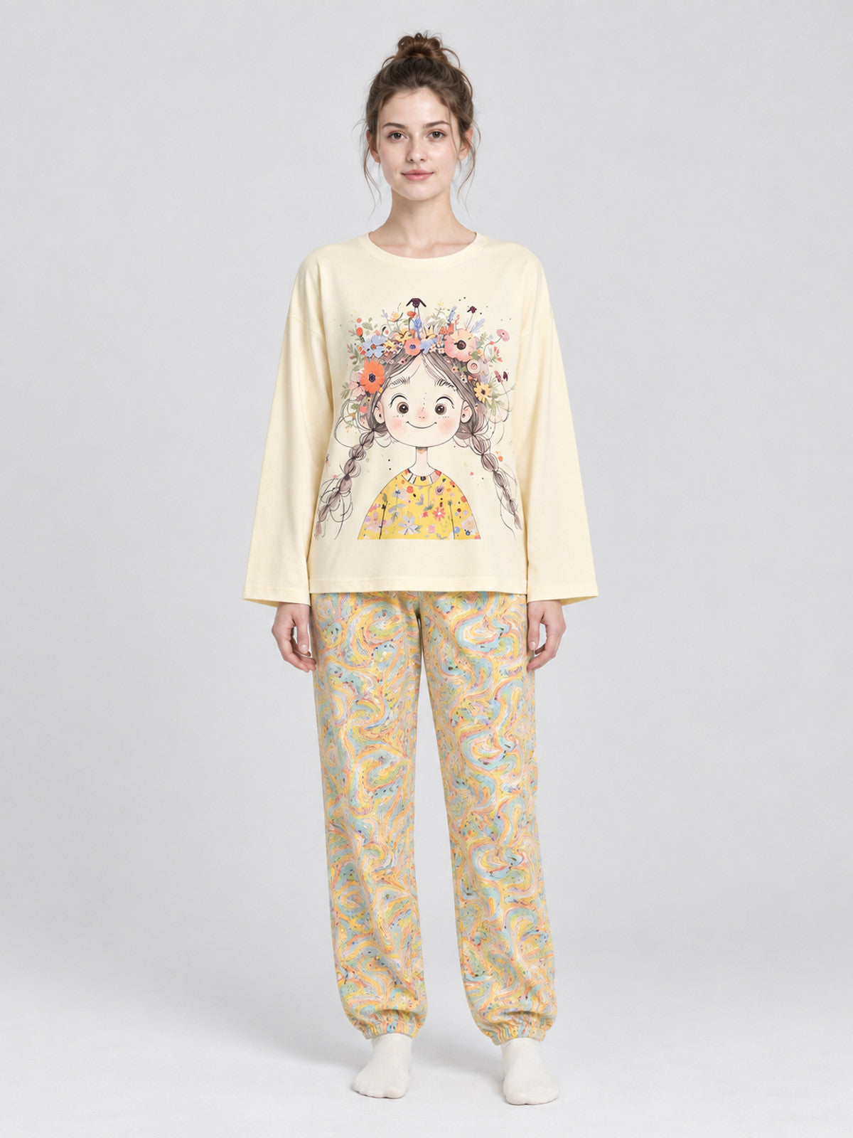 Pajama Set: Long-Sleeve Top and Long Printed Pants