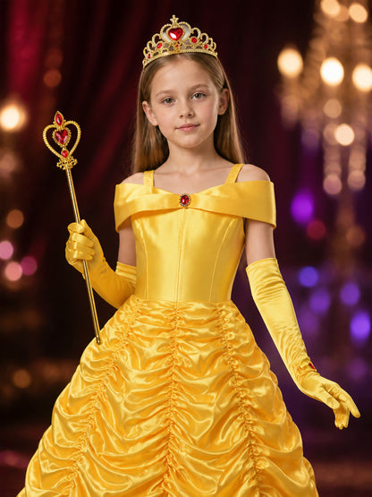 Kids Belle Princess Costume Dress Set with Crown, Gloves and Heart Wand on-model view