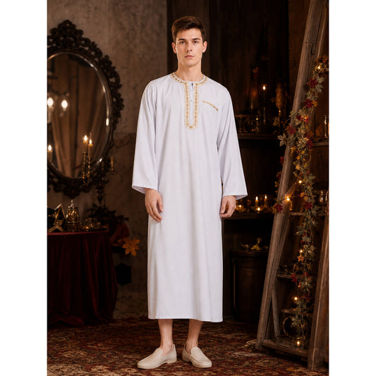 Men's White Traditional Islamic Robe with Gold-Toned Embroidered Trim, Long Sleeves, Collarless Neckline for Prayer and Formal Occasions