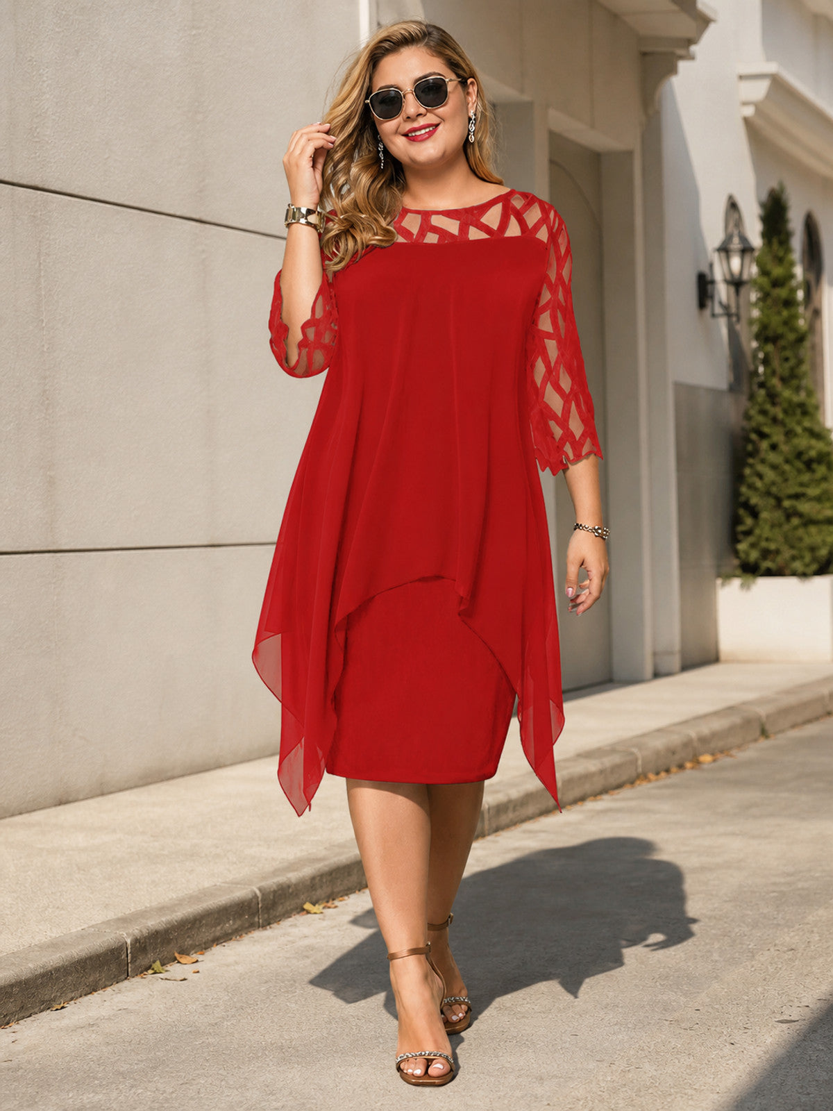 Red Loose-Fit Dress with Geometric Cutouts main product view