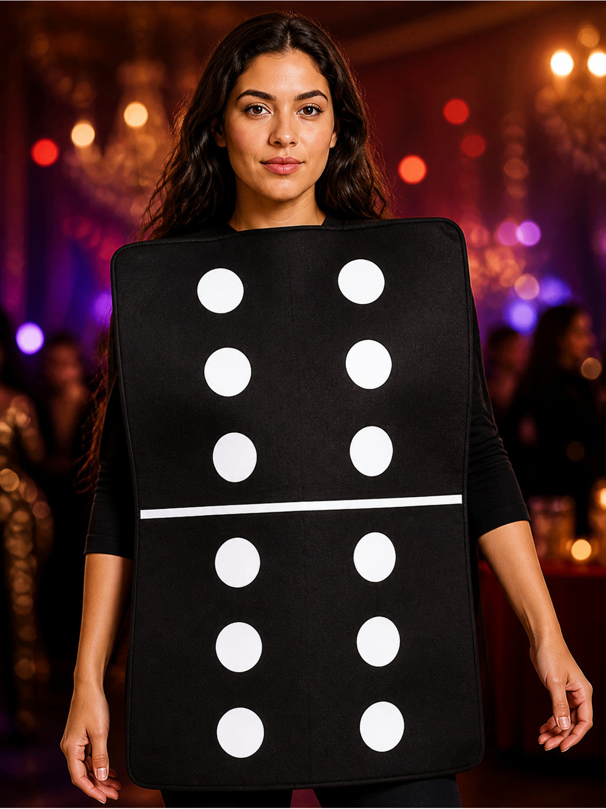 Adult Unisex Black And White Domino Costume, Oversized Sleeveless Halloween on-model view