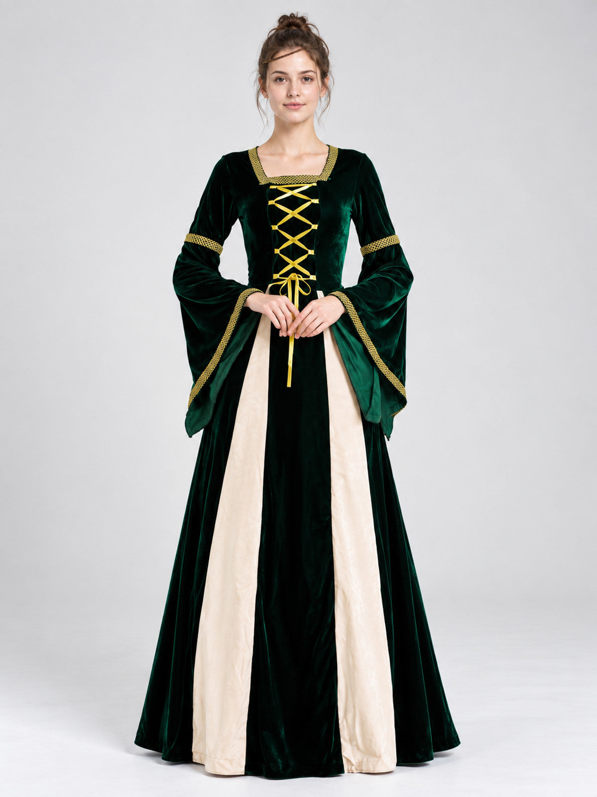 Dark green carnival dress with gold trim