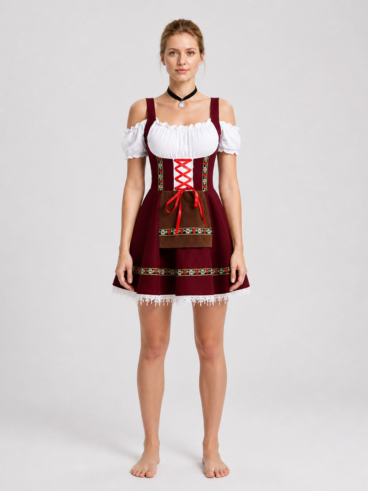 Carnival Cosplay Dress with Apron and Fringe on-model view