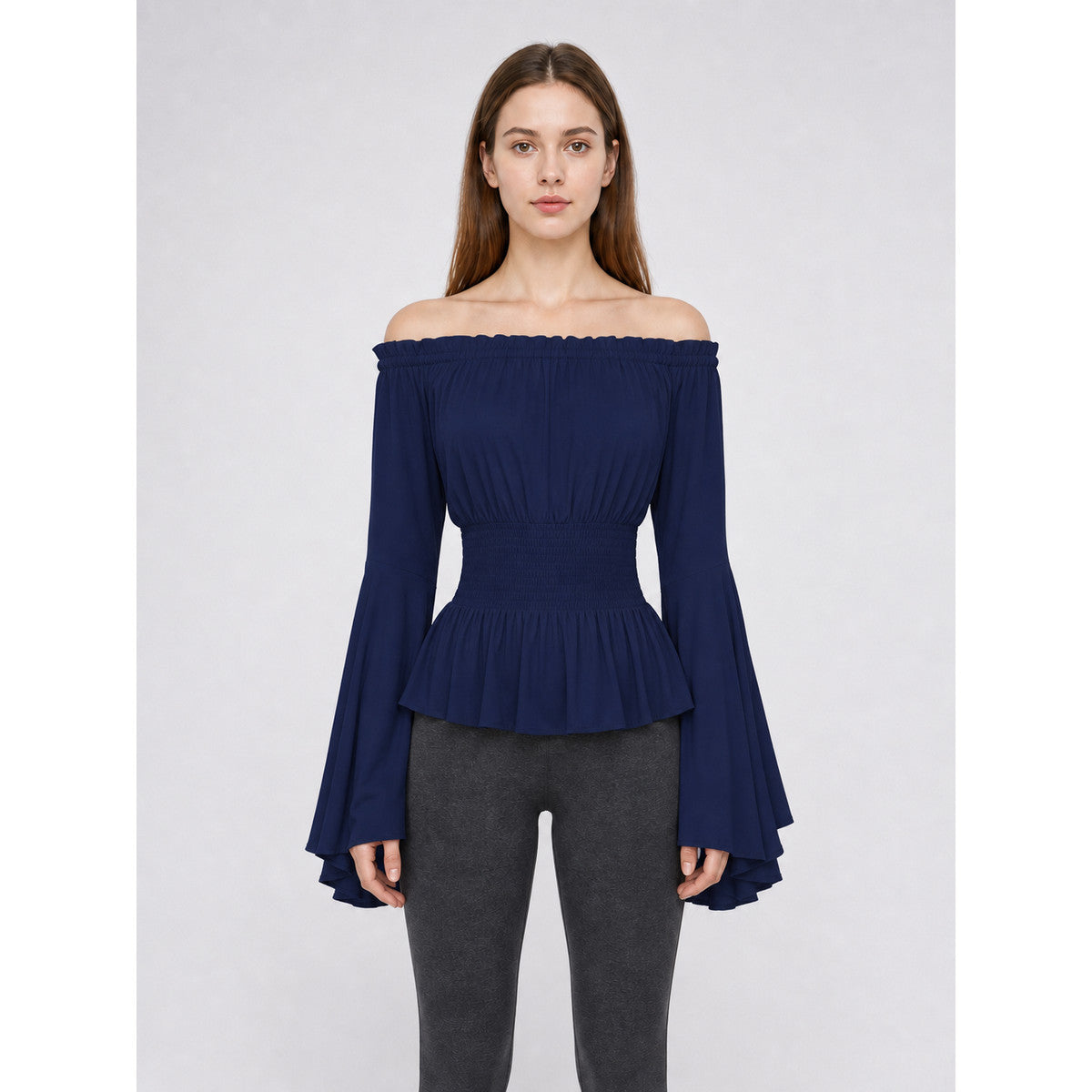 Off-the-Shoulder Blouse with Flared Sleeves on-model view