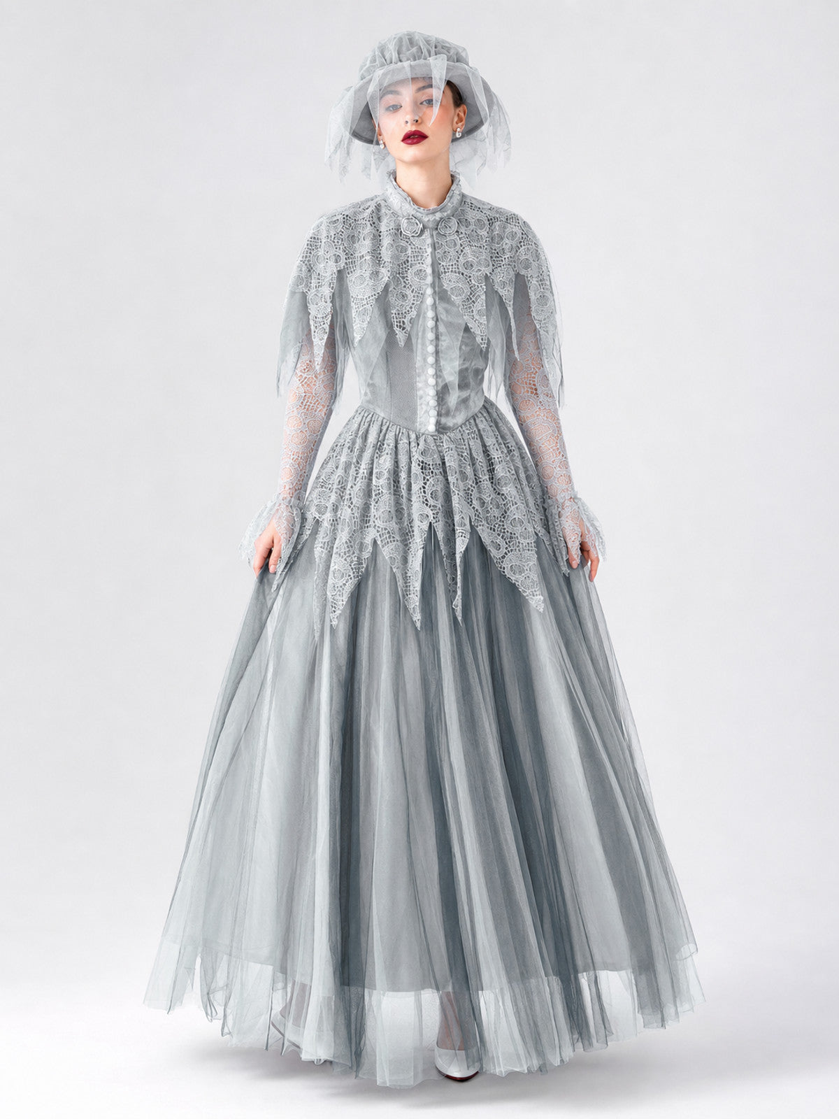 Gothic Halloween costume with dress and veil on-model view