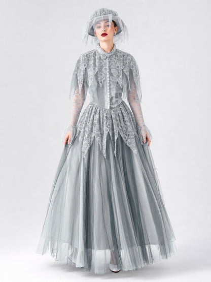 Gothic Halloween costume with dress and veil on-model view