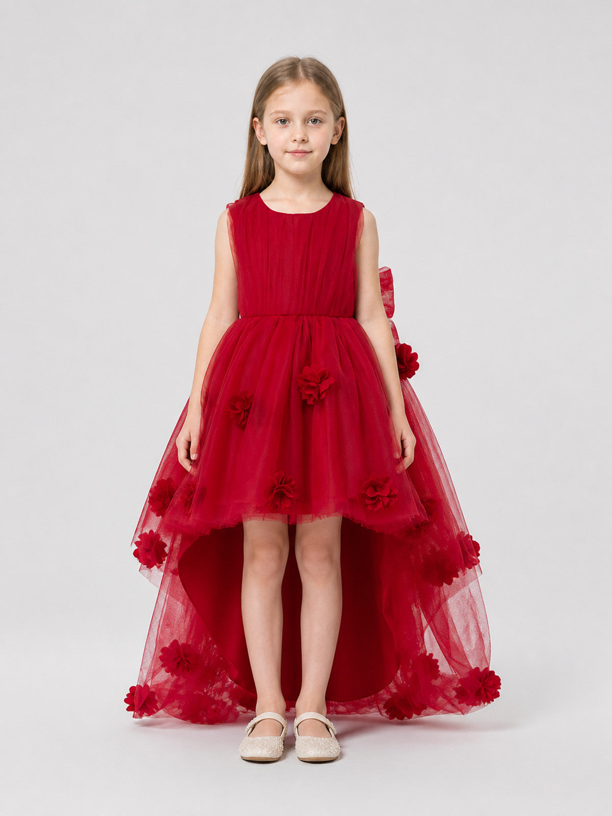 Children's Red Dress with Train, Sleeveless, Bow on-model view
