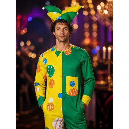 Unisex Adult Clown Bodysuit Costume with Multi-Pointed Hat, Yellow Green Split on-model view