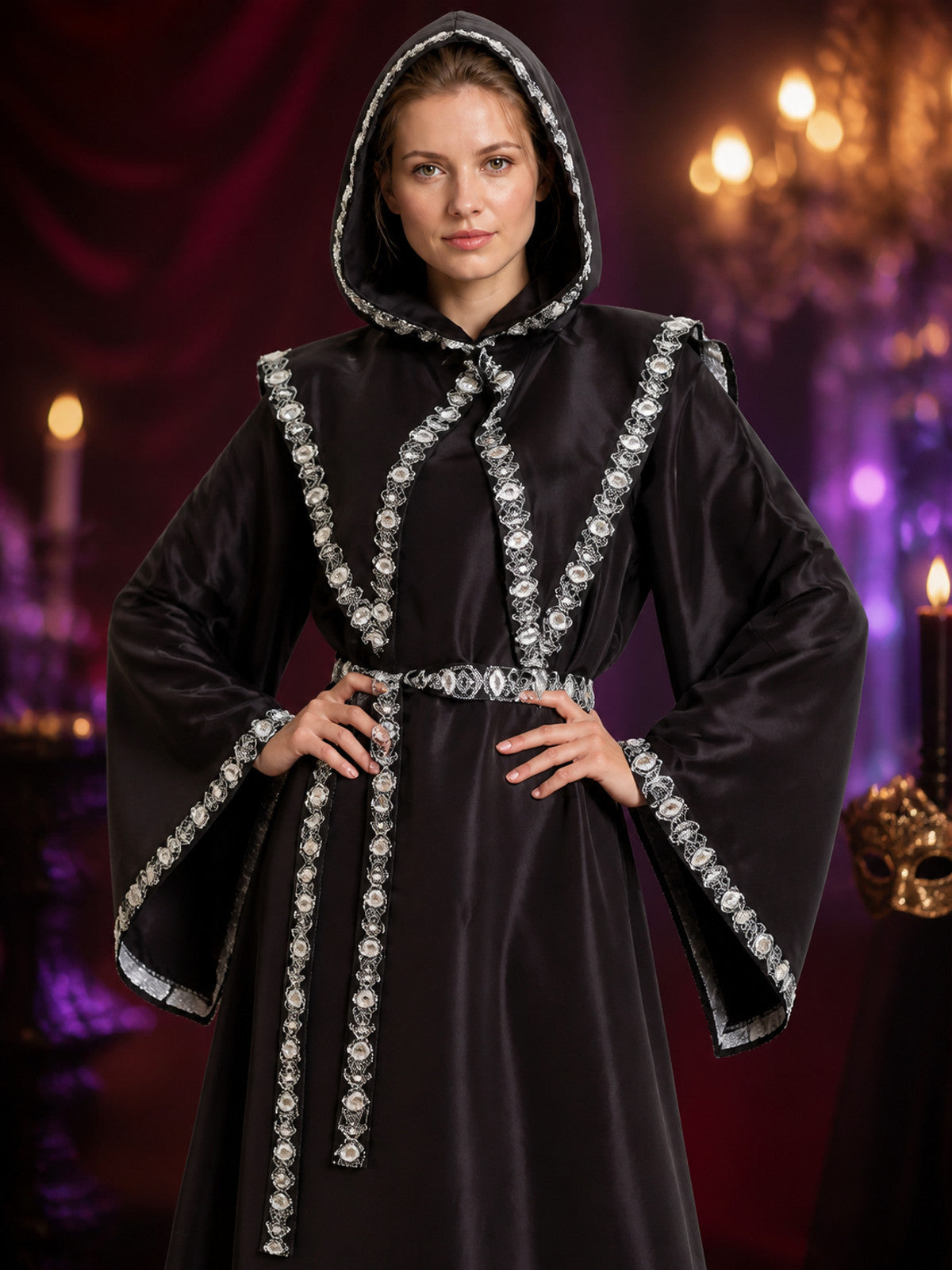 Adult Black Hooded Wizard Costume Set with Silver Trim and Belt, Long Robe on-model view