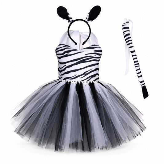 Baby Girls Halloween Animal Cosplay Costume Kids Forest Theme Giraffe Cows Tiger Leopard Zebra Print Tutu Dress Birthday Party - Color:6
