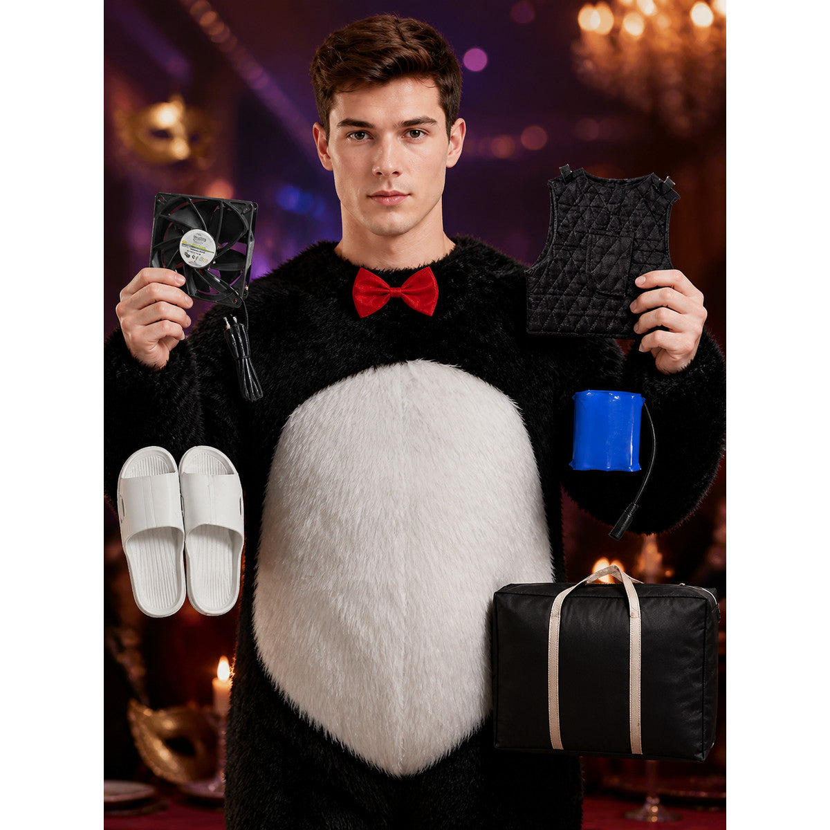 Inflatable Panda Costume Set with Fan, Includes Slippers and Storage Bag on-model view