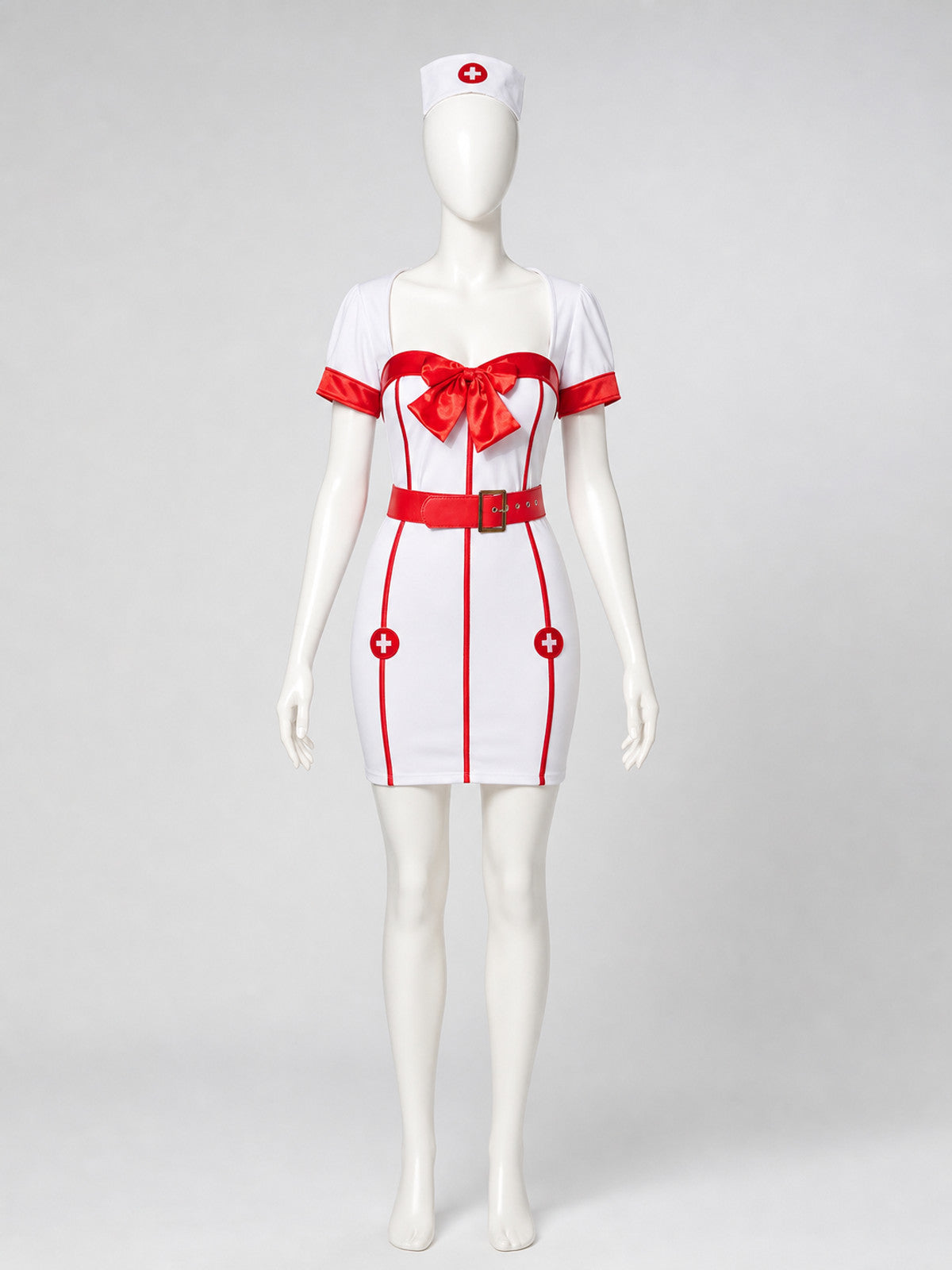 White and Red Nurse Costume with Bow and Belt front view