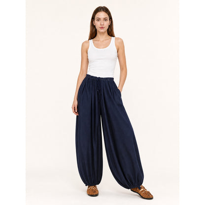 Dark Blue High-Waisted Wide-Leg Pants with Drawstring Hems