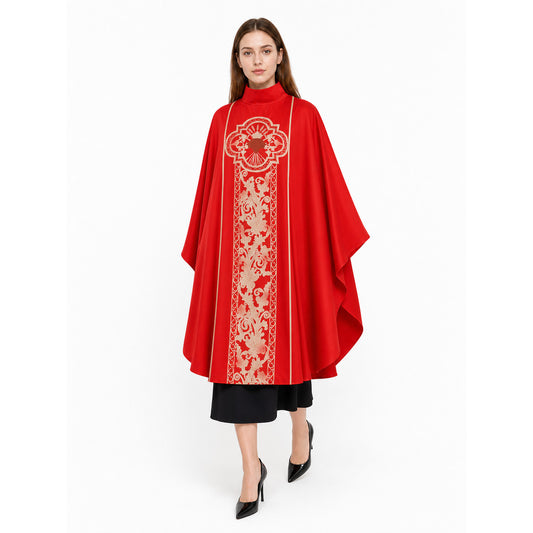 Red costume cloak with ornament and sleeves