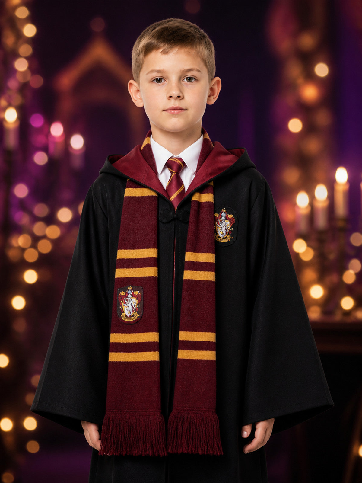 Black Wizard Robe Costume Set With Hooded Cloak, Tie And Tassel Scarf on-model view