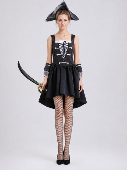 Pirate Dress with Corset, Black with White Trim on-model view