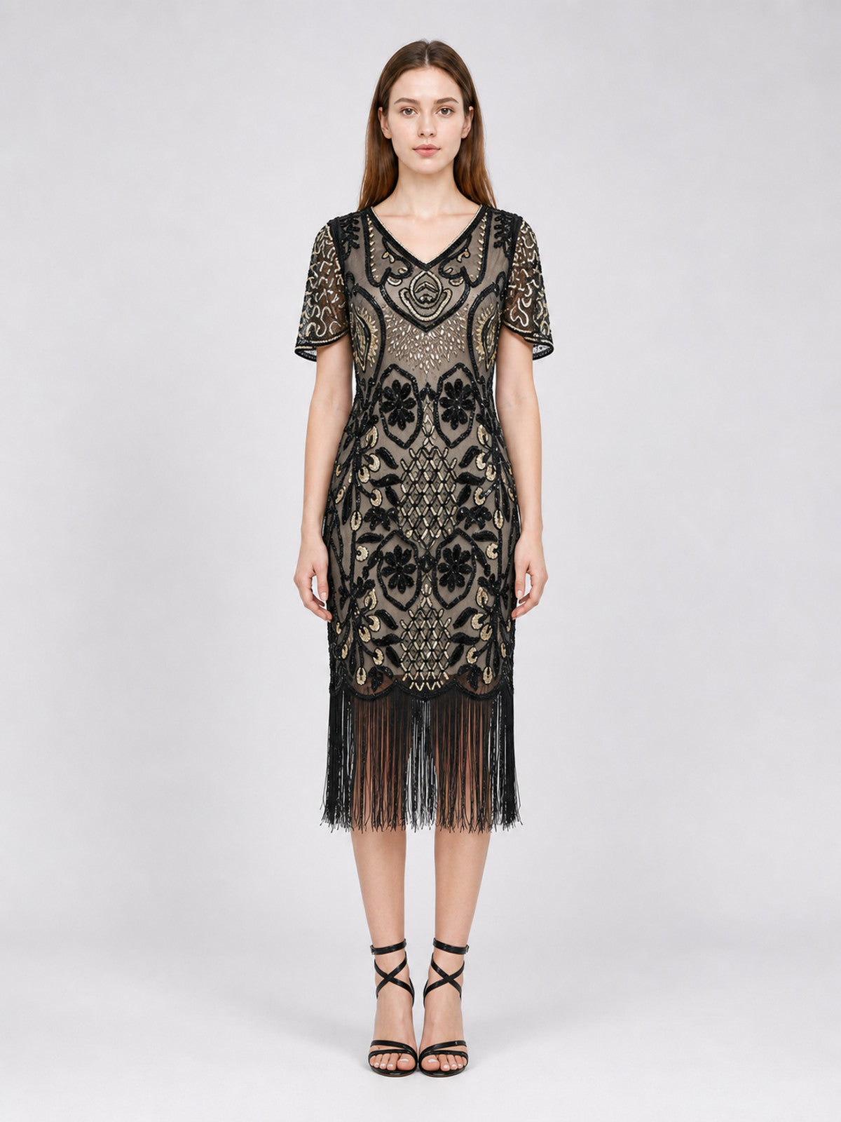 Art Deco Cocktail Dress with Fringe and Sequins front view