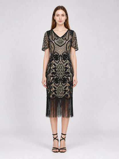 Art Deco Cocktail Dress with Fringe and Sequins front view