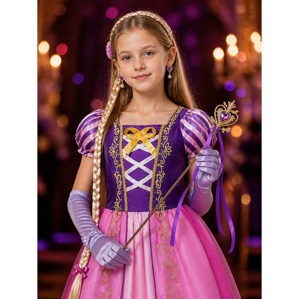 Girls' Rapunzel-Style Princess Costume Dress Set With Wig, Earrings, Gloves And on-model view