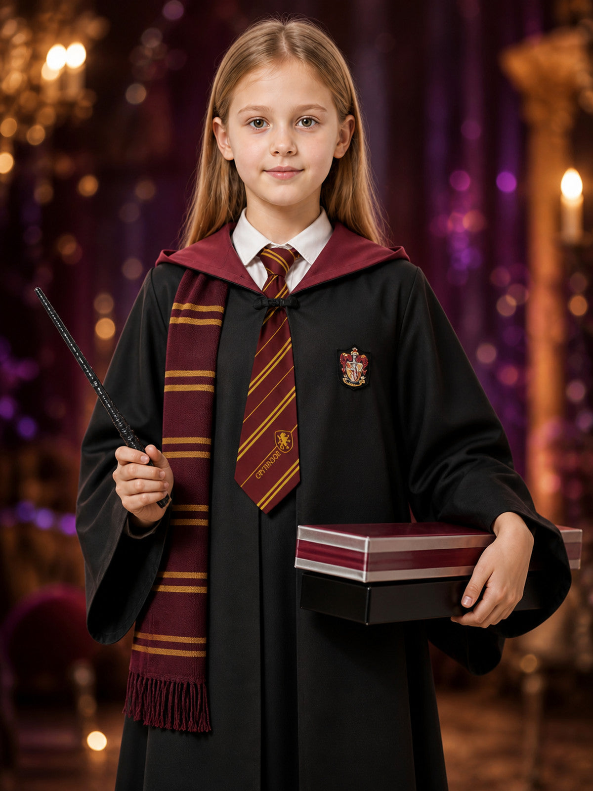 Kids Black Hooded Wizard Robe Costume Set with Tie, Scarf and Wand on-model view