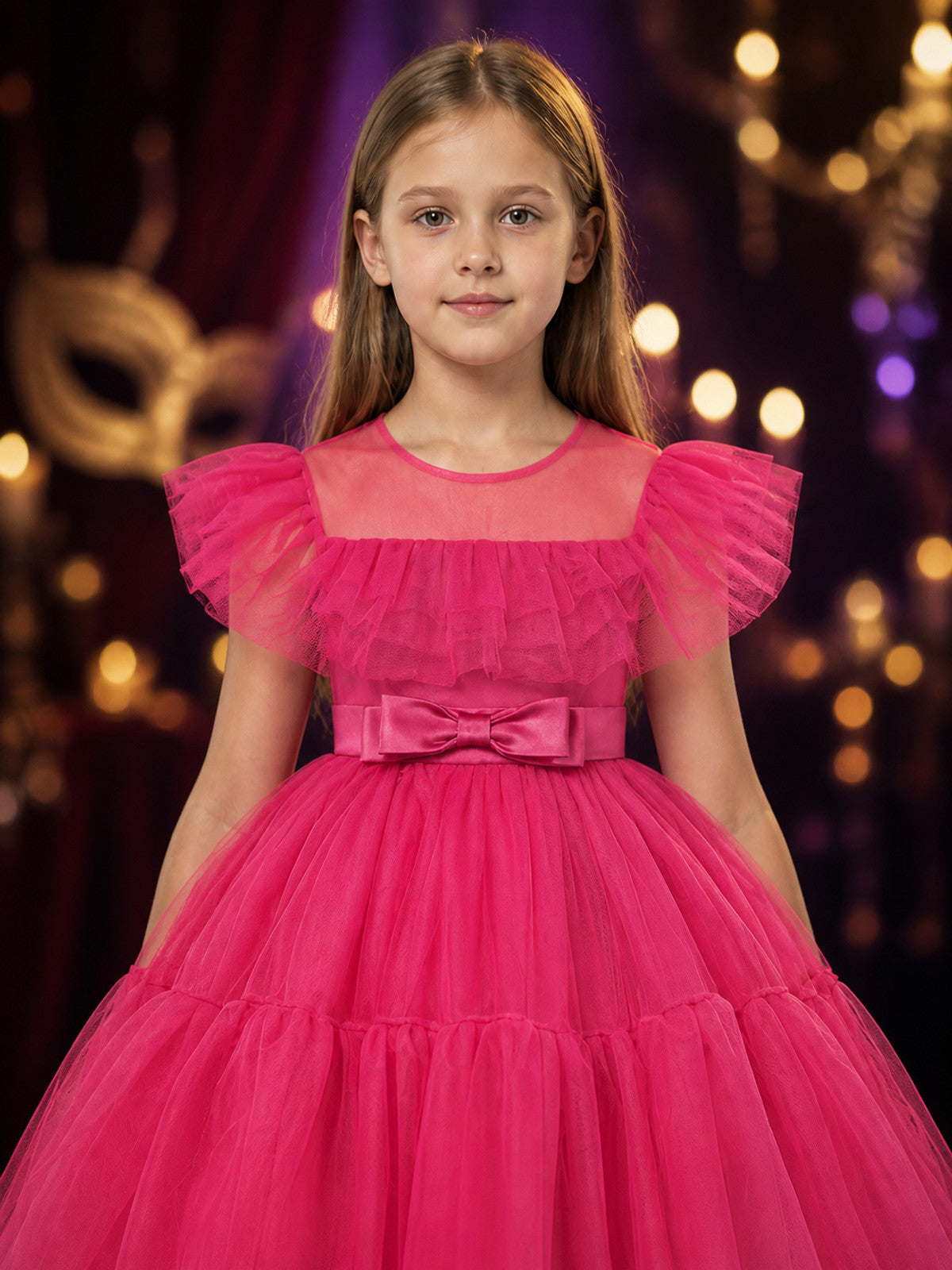 Girls' Princess Tulle Formal Dress with Puff Sleeves and Bow Waist, Rose Red on-model view