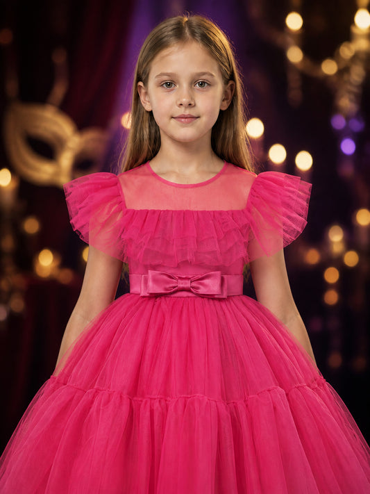 Girls' Princess Tulle Formal Dress with Puff Sleeves and Bow Waist, Rose Red on-model view