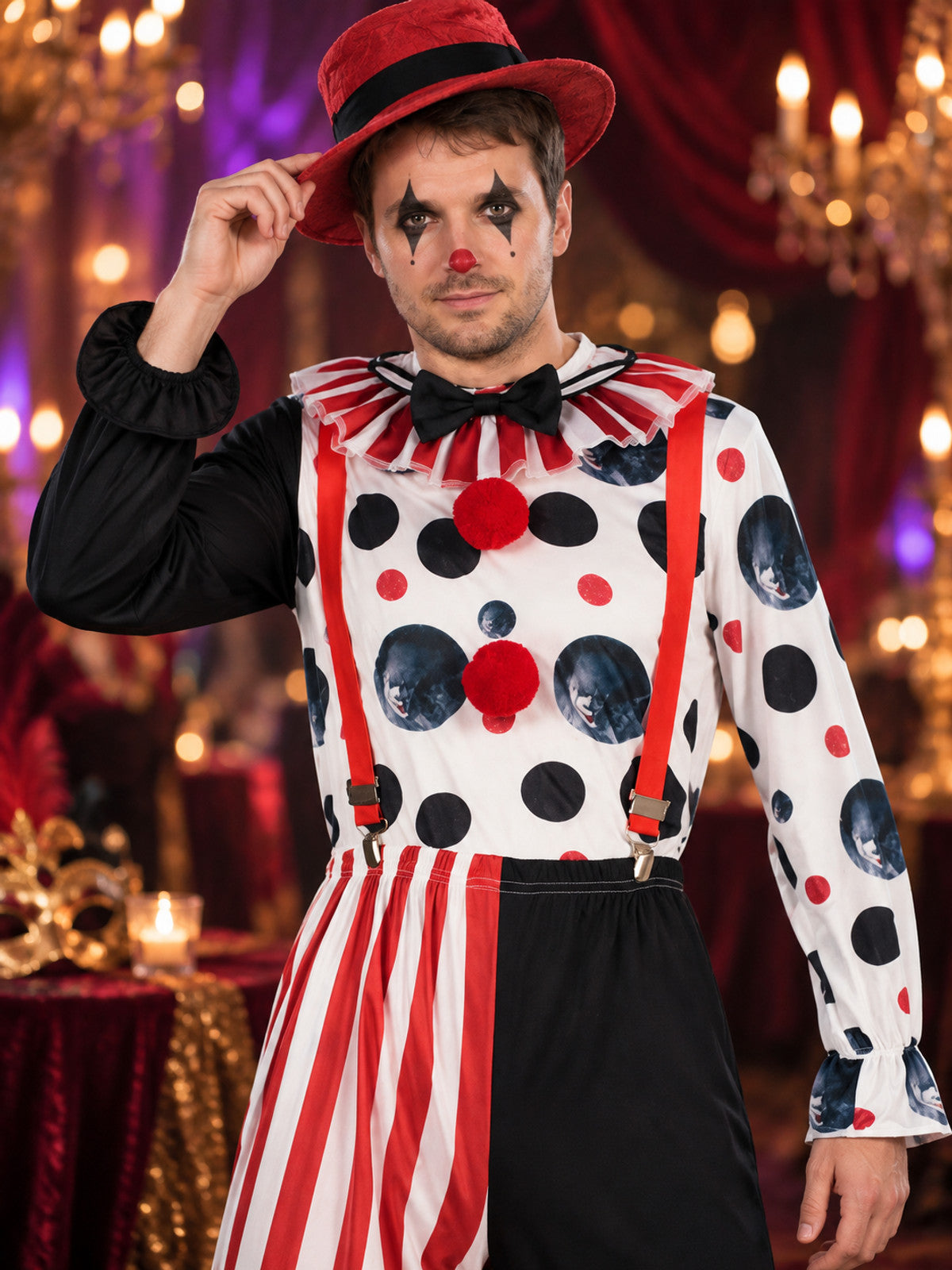 Polka Dot Clown Costume with Bow and Hat