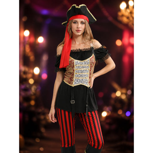 Women's Pirate Costume Set - Off-Shoulder Top, Striped Pants with Boots & on-model view