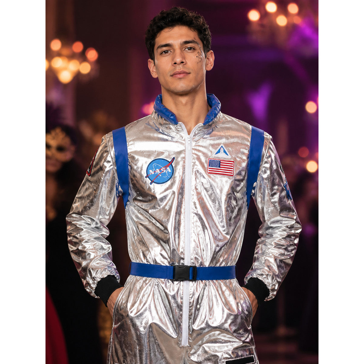 Silver Astronaut Costume with Blue Stripes on-model view
