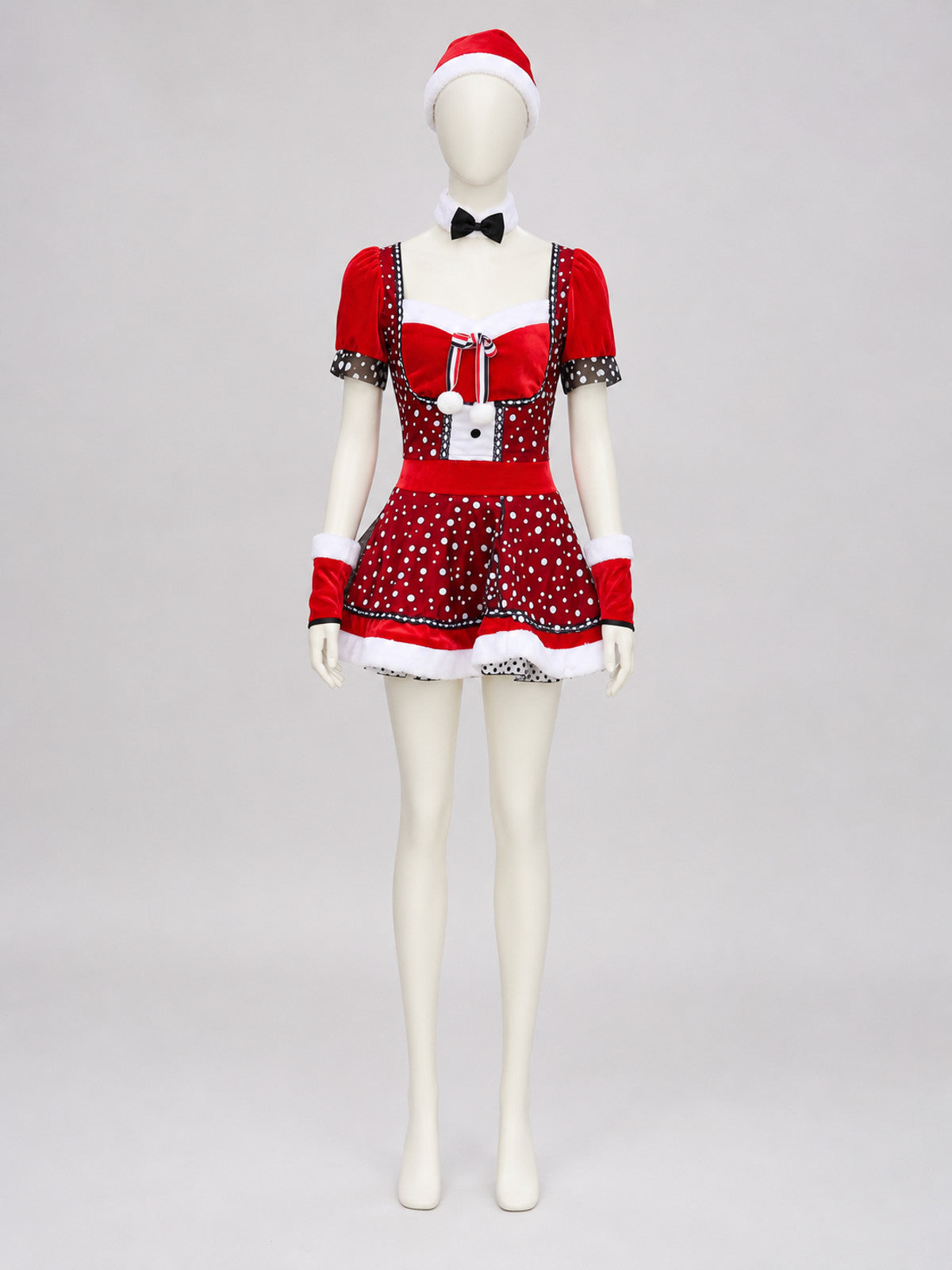 New Year's costume: red dress with black-and-white decoration on-model view
