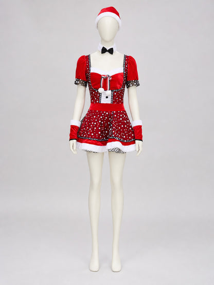New Year's costume: red dress with black-and-white decoration on-model view
