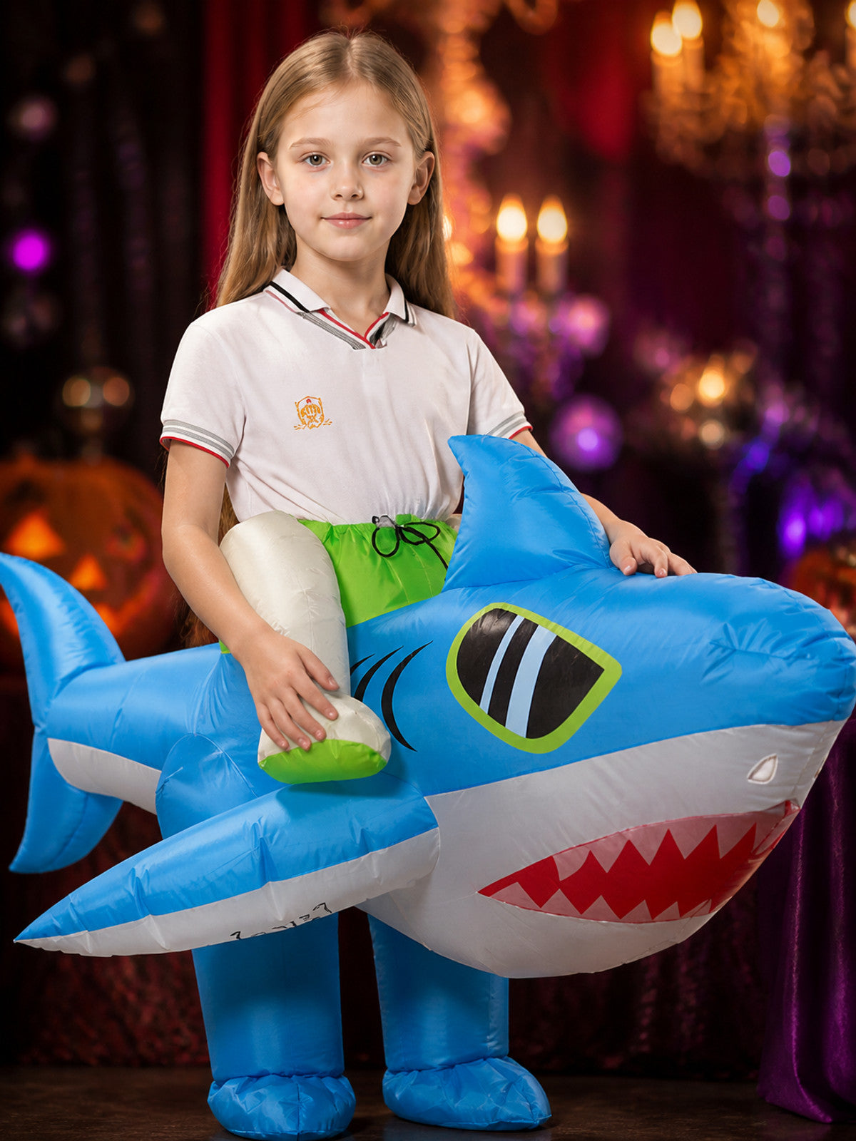 Blue Inflatable Shark Bodysuit Costume With Fins and Red Teeth for Halloween on-model view