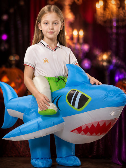 Blue Inflatable Shark Bodysuit Costume With Fins and Red Teeth for Halloween on-model view