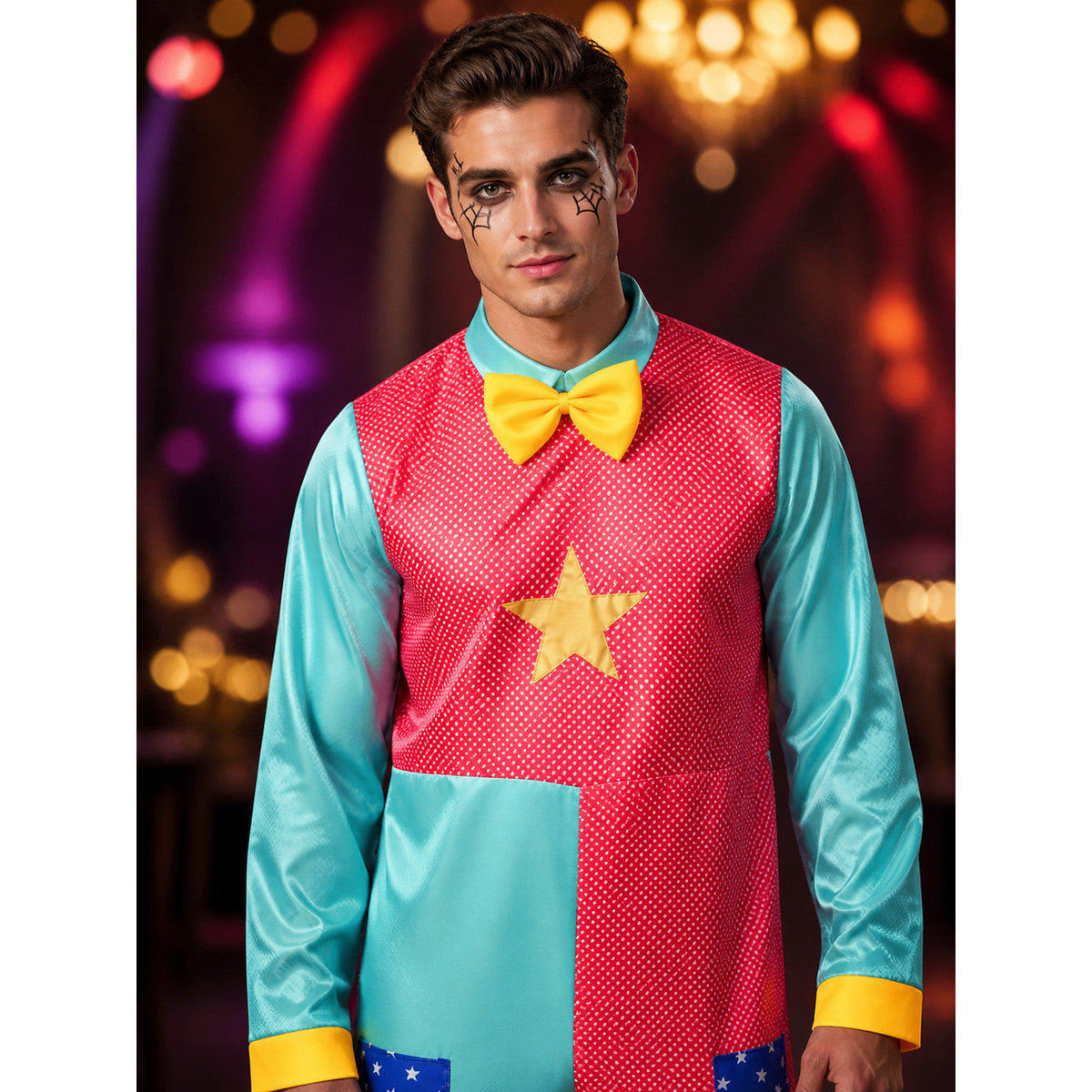 Adult Clown Costume Set, Red and Blue Star Print Bodysuit with Bow Tie for
