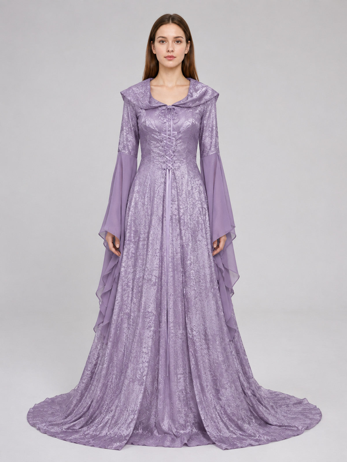 Lilac Medieval Hooded Dress with a Train on-model view