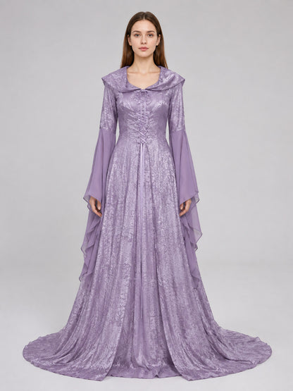 Lilac Medieval Hooded Dress with a Train on-model view