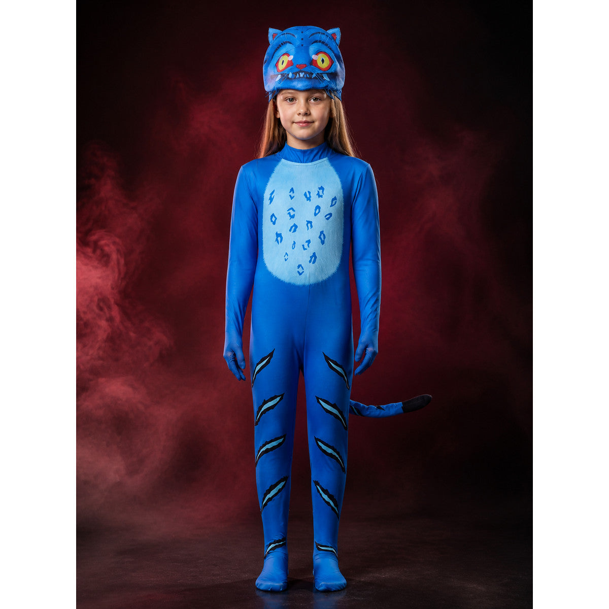 Blue and Black Tiger Costume Bodysuit with Headpiece, Full Body Animal Onesie main product view
