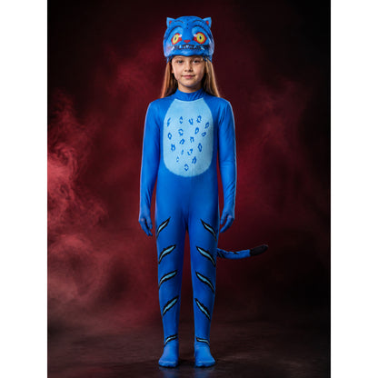 Blue and Black Tiger Costume Bodysuit with Headpiece, Full Body Animal Onesie main product view