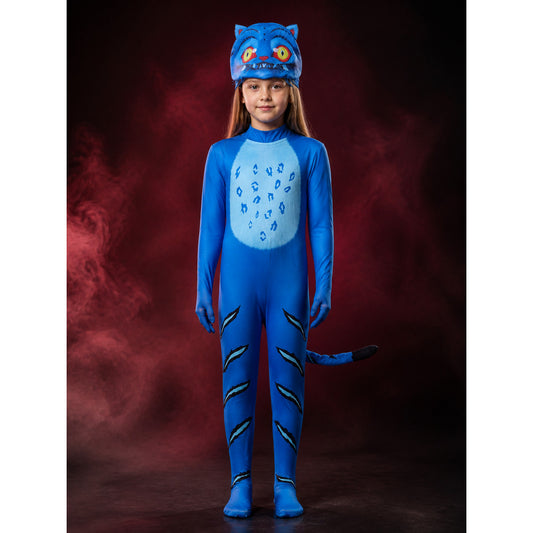 Blue and Black Tiger Costume Bodysuit with Headpiece, Full Body Animal Onesie main product view