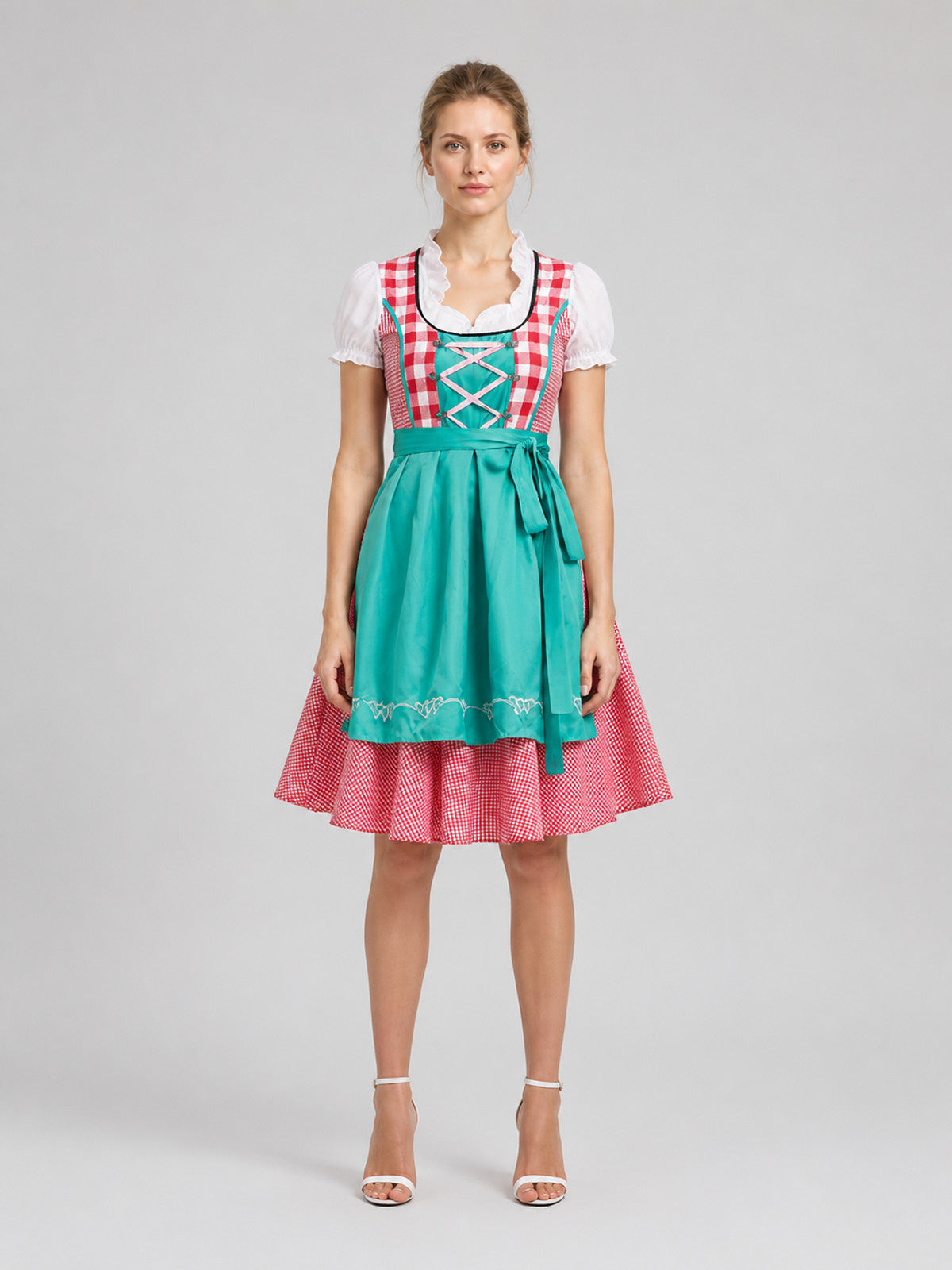 Ethnic Plaid Dress with Apron and Full Skirt on-model view