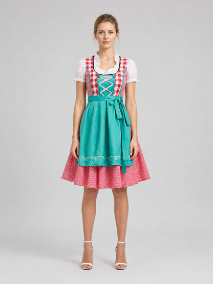 Ethnic Plaid Dress with Apron and Full Skirt on-model view
