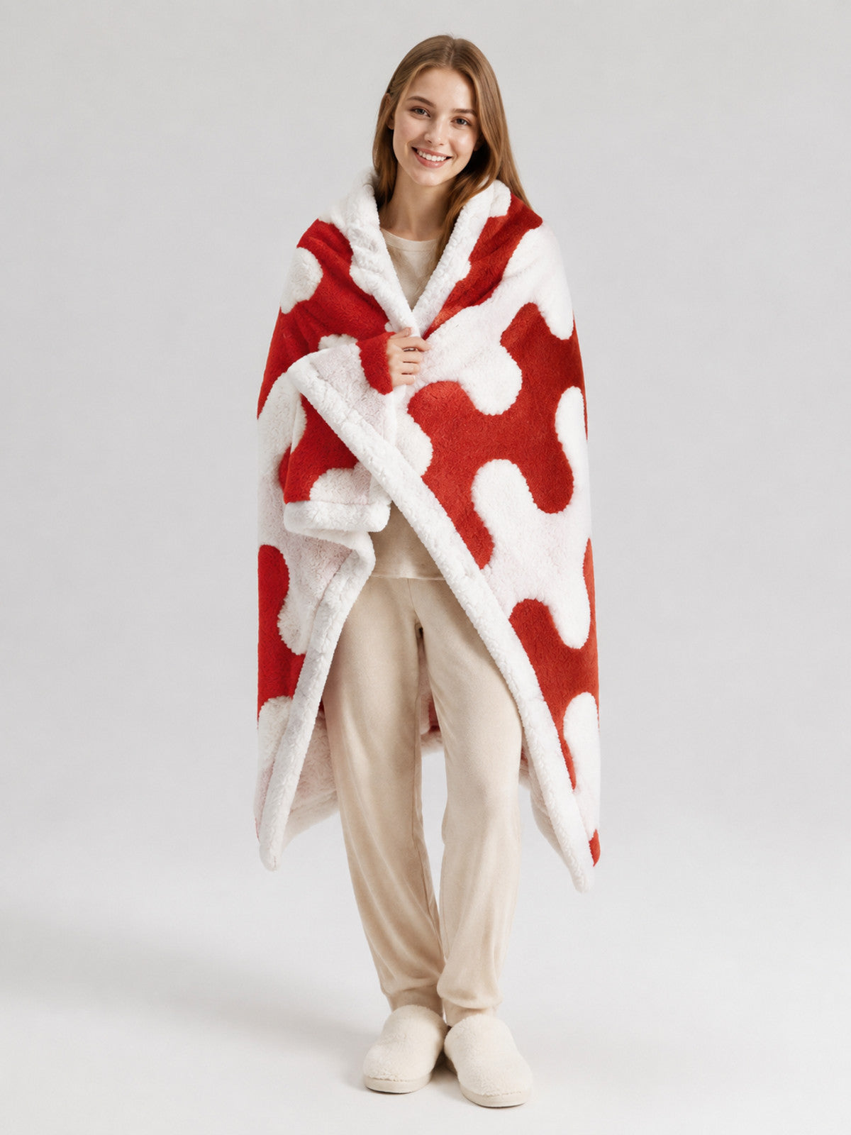 Reversible Dog Blanket, Red and White on-model view