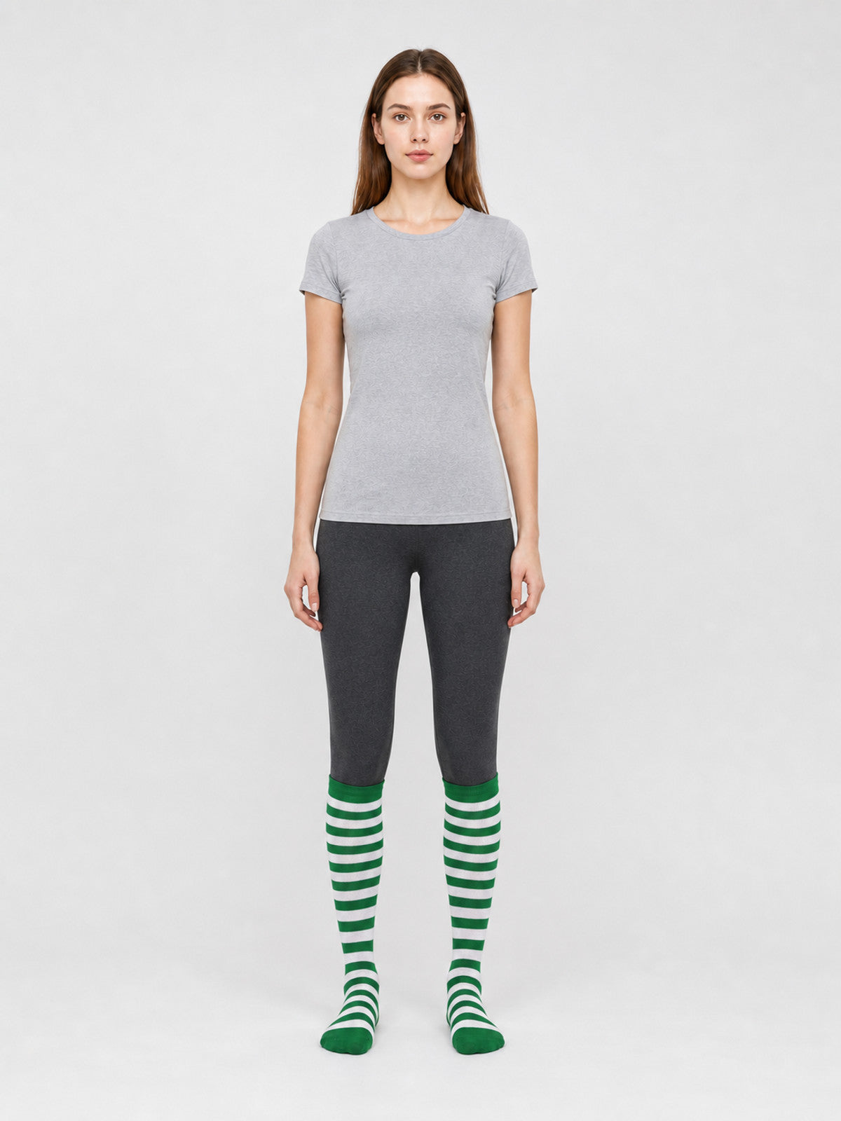 Green-and-White Striped Knee-High Socks, Pair front view