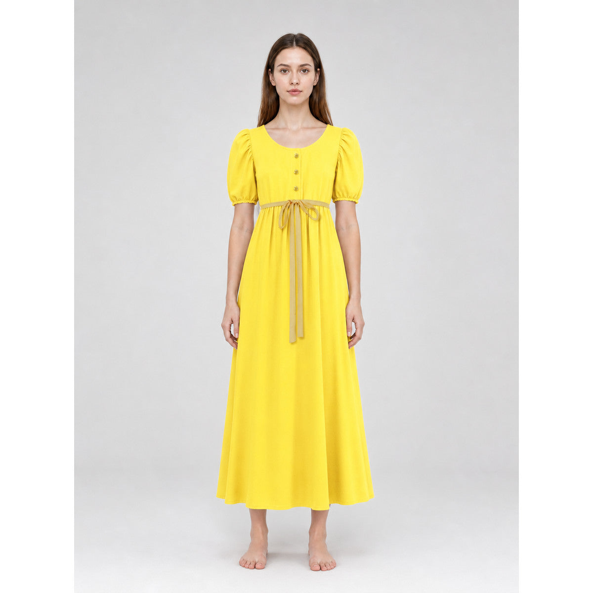 Yellow Dress with Buttons and a Drawstring Waist