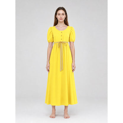 Yellow Dress with Buttons and a Drawstring Waist
