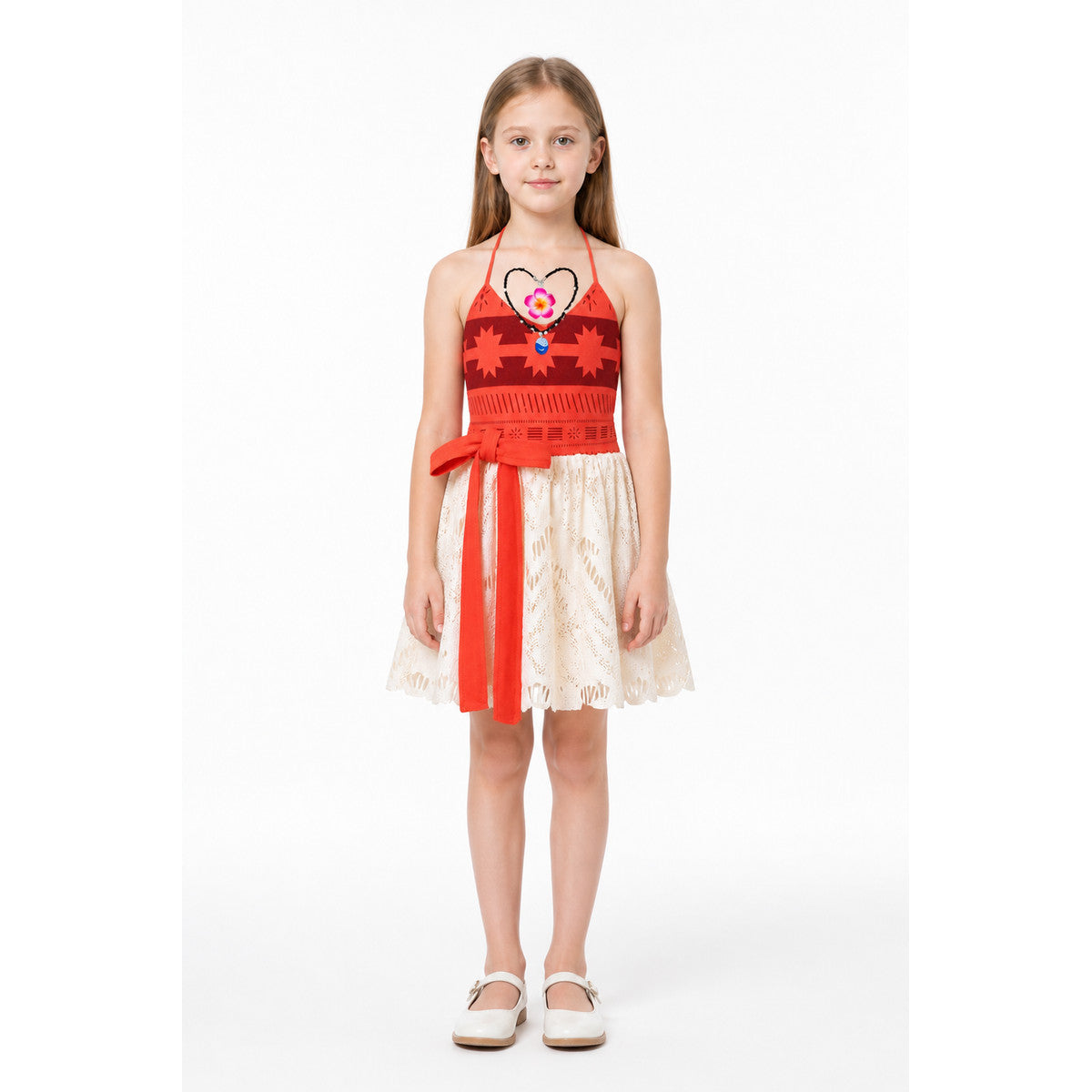 Children's halter dress with a red bodice and long ties main product view