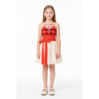 Children's halter dress with a red bodice and long ties main product view